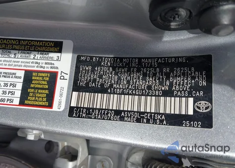 2016 Toyota Camry Se z USA, uszkodzony, nr VIN 4T1BF1FK4GU173380